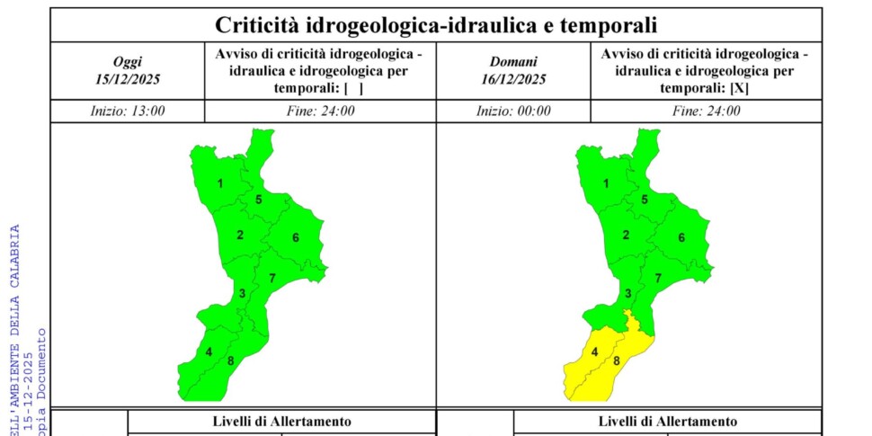 Calabria, bad weather on the way: yellow alert for today in the province of Reggio Calabria
