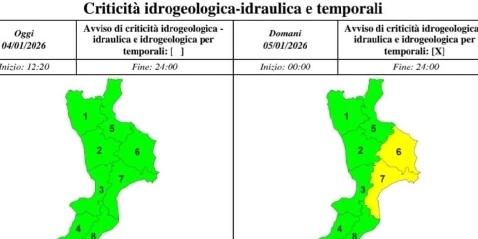 Weather alert in Calabria: yellow criticality in some areas of the Ionian belt for tomorrow