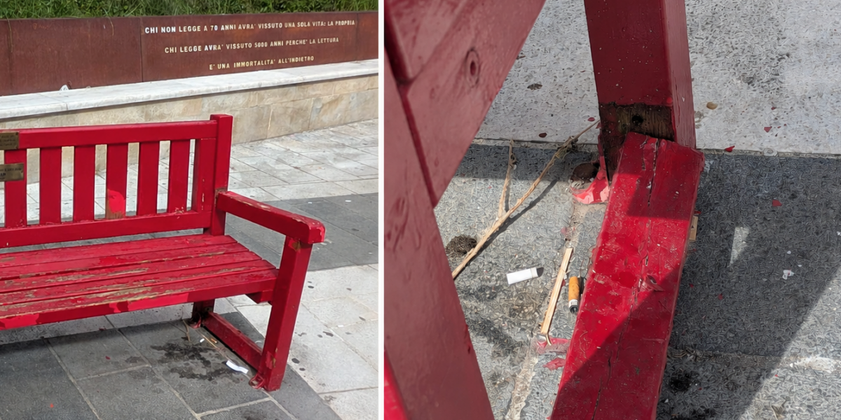 Cosenza, vandals against the red bench dedicated to Maria Rosaria Sessa. Caruso: “Cowardly and intolerable act”