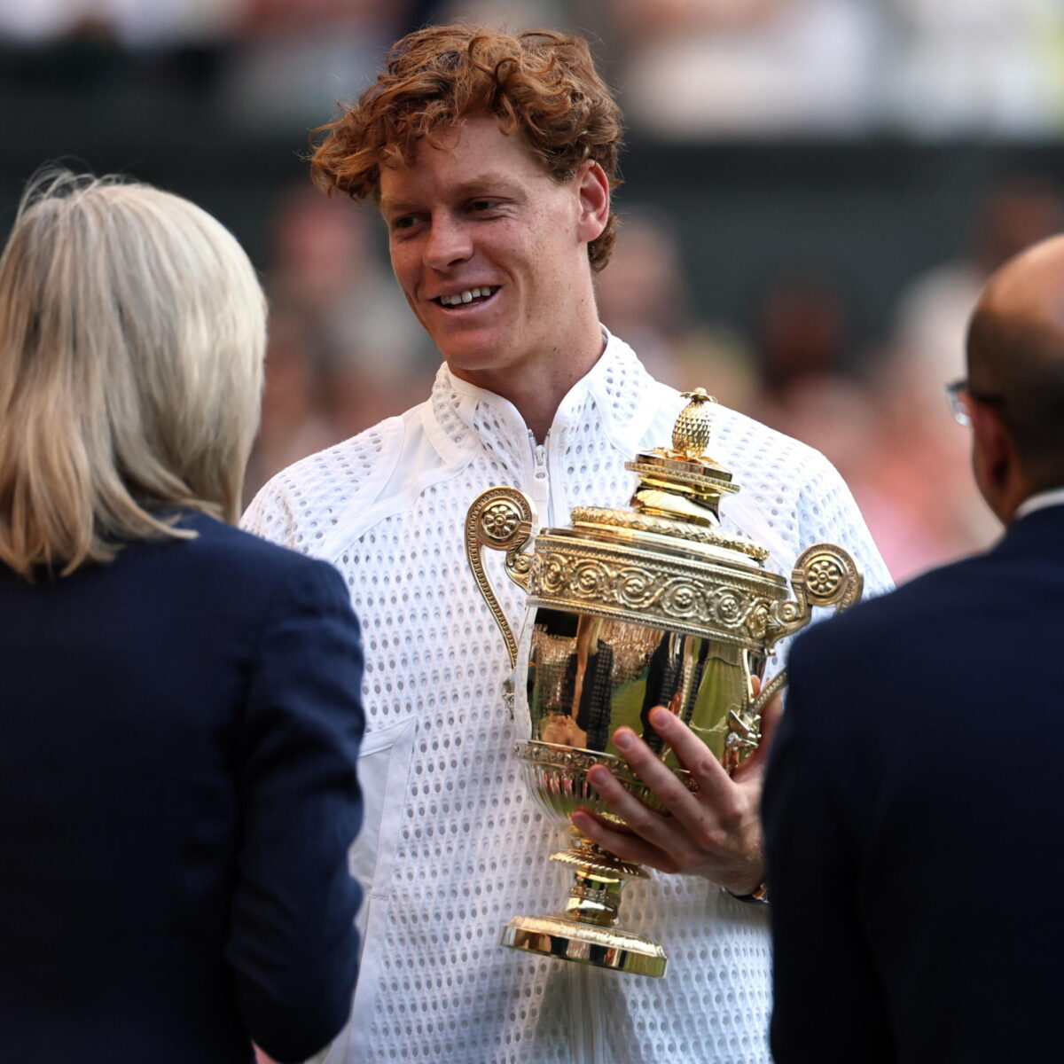 epa13107478 Jannik Sinner of Italy reacts after a break in the fourth set during the Men's Singles final against Alexander Zverev of Germany at the Wimbledon Championships in London, Britain, 12 July 2026. EPA/NEIL HALL