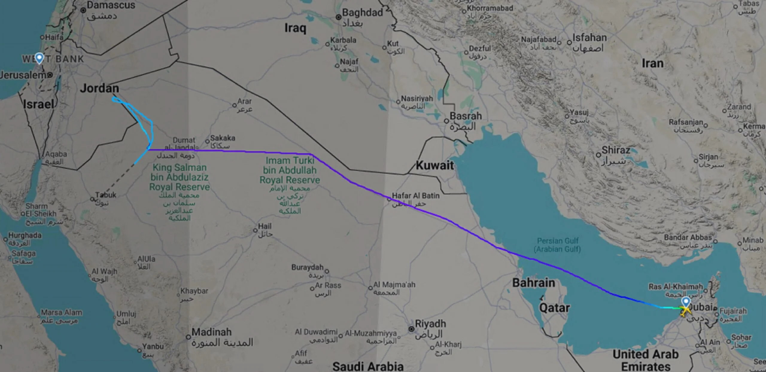 In an image from Flightradar, the track of the Flydubai airliner