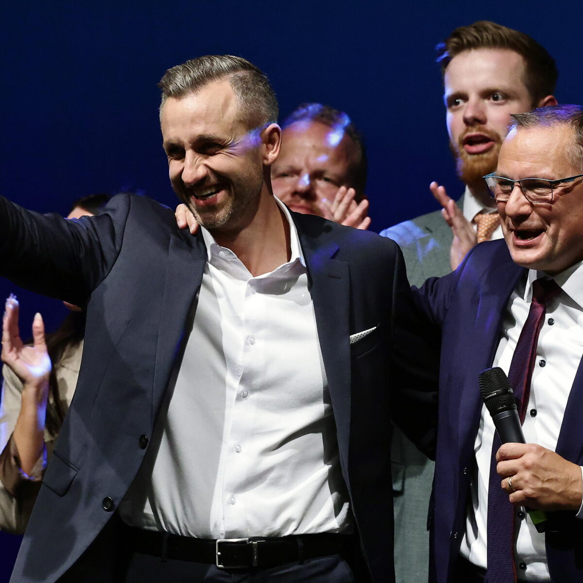 epa13217586 People react to exit polls during the far-right Alternative for Germany (AfD) election party following Saxony-Anhalt state election, in Magdeburg, Germany, 06 September 2026. Voters in Saxony-Anhalt are casting ballots to elect a new state parliament. EPA/FILIP SINGER