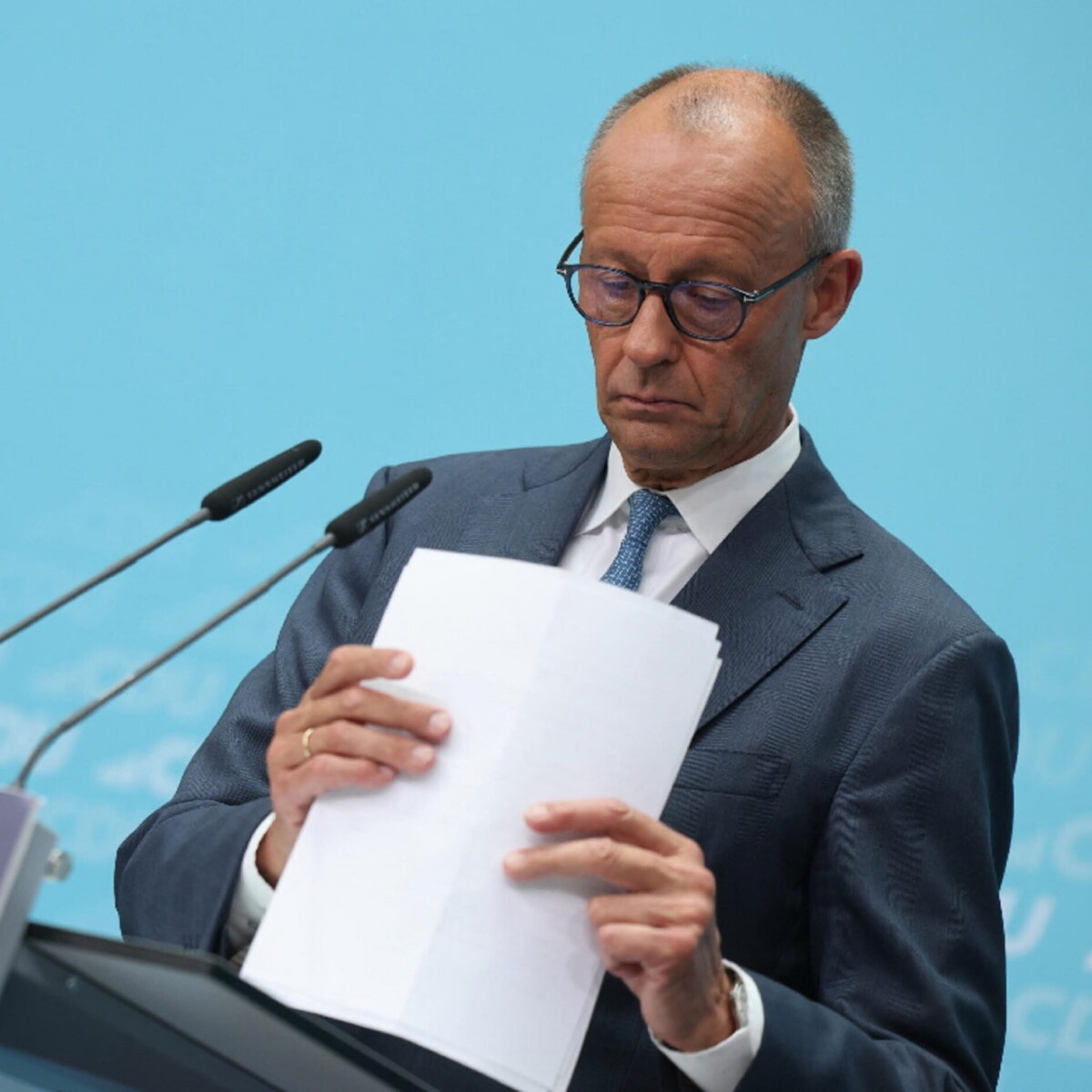 German Chancellor and Chairman of the Christian Democratic Union (CDU) Friedrich Merz addresses a news conference after a CDU