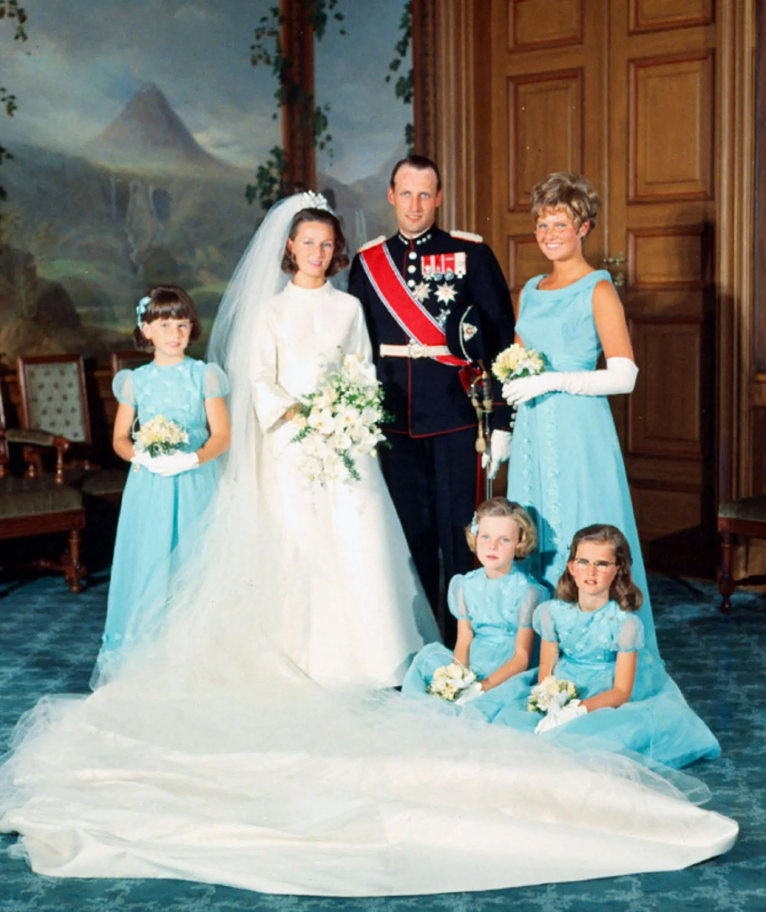 Norwegian royal wedding of Crown Prince Harald and Sonja Haraldsen with bridesmaids in the Bird Room