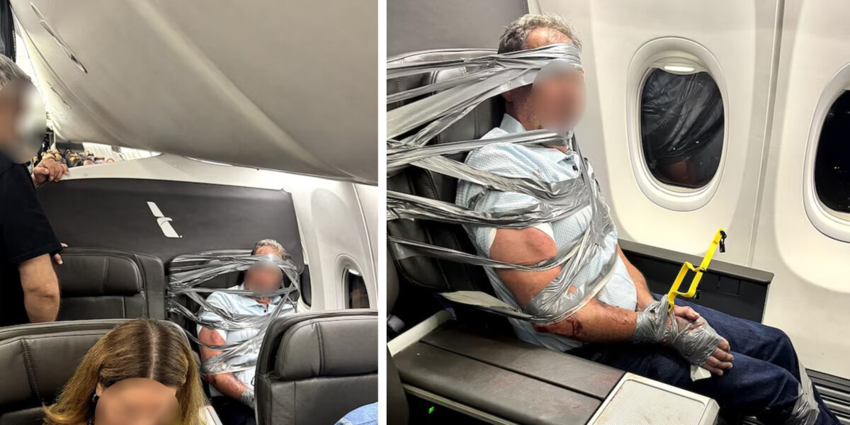 Violent passenger in flight, immobilized with tape and cable ties