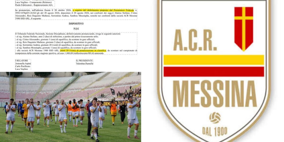 Punch for Messina, 20 points deducted: the Giallorossi at -3, the club announces an appeal